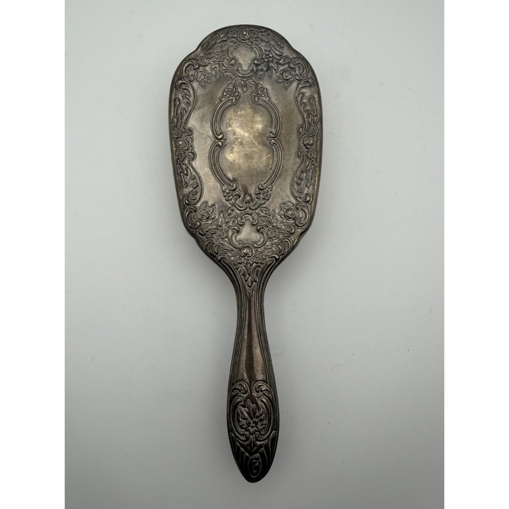 Vintage Silver Plate Vanity Hair Brush Ornate Floral Repousse Design 8"